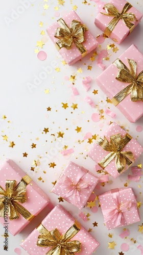 Pink Gift Boxes Adorned With Golden Ribbons Scattered Over a Starry Backgroun...