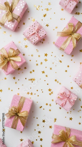 Pink Gift Boxes Adorned With Golden Ribbons Scattered Over a Starry Backgroun...