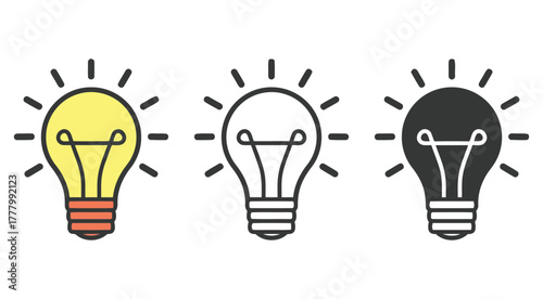 light bulb, idea, innovation, creativity, inspiration, concept, thinking, solution, bright, energy, electricity, icon, symbol, graphic, design, illustration, set, collection, yellow, outline, black, w