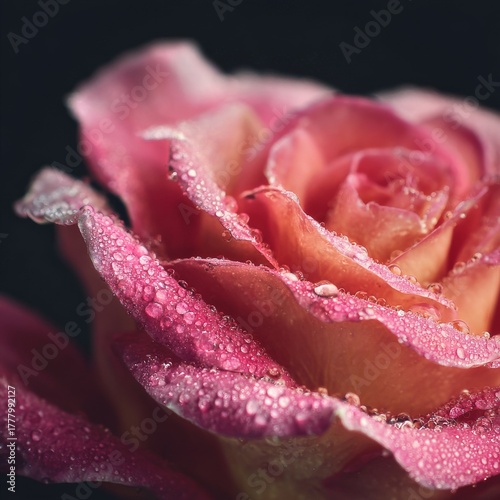 Beautiful Pink Rose With Raindrops Captured in Soft Light During a Spring Mor...