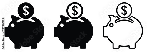 piggy bank, money, savings, finance, coin, dollar, icon, symbol, black, white, illustration, graphic, design, collection, set, isolated, white background, banking, investment, wealth, currency, deposi