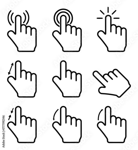 cursor, hand, pointer, click, touch, tap, select, icon, set, collection, gesture, interaction, digital, interface, computer, mouse, finger, pointing, swipe, scroll, press, activate, action, graphic, d