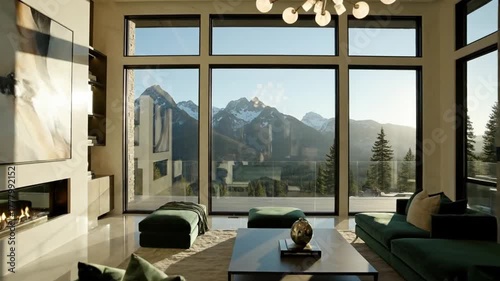 Modern living room interior with panoramic mountain view and contemporary decor daytime setting