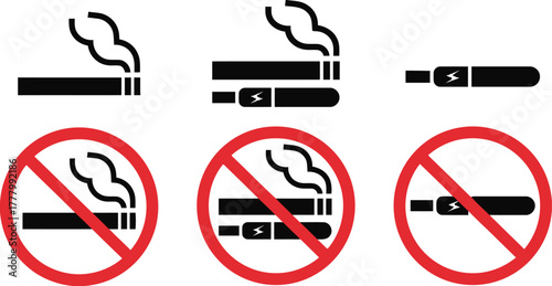 smoking, no smoking, cigarette, e-cigarette, vape, smoke, prohibition, sign, symbol, icon, collection, set, graphic, design, warning, alert, health, safety, restriction, forbidden, red circle, diagona