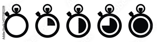stopwatch, timer, time, clock, seconds, minutes, progress, measurement, icon, set, collection, black, silhouette, isolated, white background, start, quarter, half, three quarters, full, countdown, spe