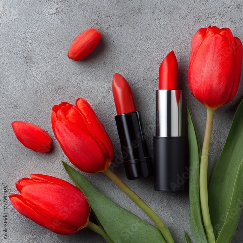 Bright Red Lipstick Placed Next to Vibrant Red Tulips on a Neutral Gray Backg...