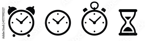 clock, time, alarm, stopwatch, hourglass, icon, symbol, set, collection, timer, schedule, deadline, punctuality, measurement, graphic, design, silhouette, simple, clean, modern, analog, digital, vinta