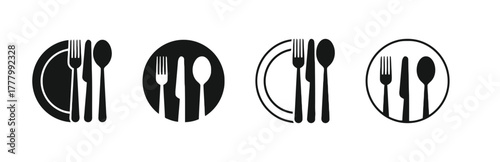 cutlery, plate, fork, knife, spoon, dining, eating, food, restaurant, icon, symbol, set, collection, meal, dinner, lunch, breakfast, service, kitchen, graphic, design, silhouette, simple, clean, moder