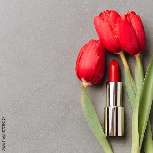 Bright Red Lipstick Placed Next to Vibrant Red Tulips on a Neutral Gray Backg...