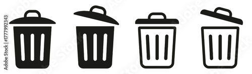 trash can, bin, garbage, waste, container, recycle, delete, remove, icon, symbol, set, collection, closed, open, lid, handle, design, graphic, clean, disposal, rubbish, refuse, sanitary, hygiene, digi