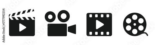 video, film, movie, cinema, camera, clapperboard, film reel, play button, icon, symbol, set, collection, media, entertainment, production, recording, technology, graphic, design, silhouette, simple, c