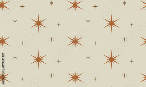 Night sky, star seamless pattern. Stars background in boho style beige and brown colors. Vector Illustration.
