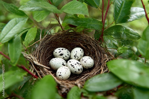 Nest With Several Eggs Surrounded by Green Leaves in a Natural Setting During...