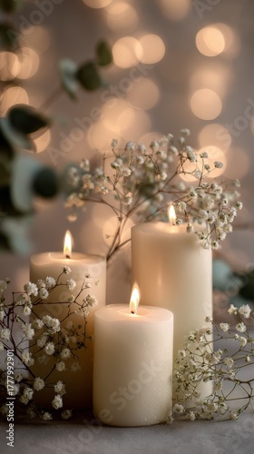 Soft Glow of Three Candles Surrounded by Delicate Flowers and Greenery on a C...