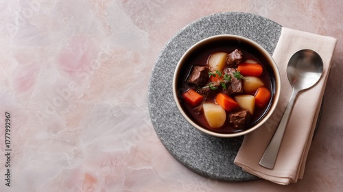 Rich, hearty stew with tender beef chunks, carrots, and potatoes, conveying comfort and warmth.