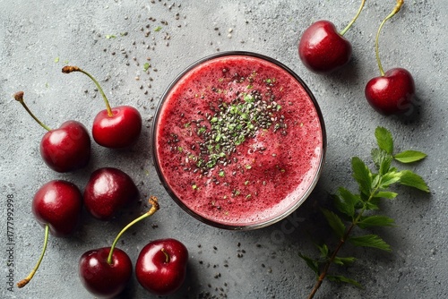 Cherry Smoothie Topped With Fresh Cherries and Chia Seeds on Grey Stone Backg...