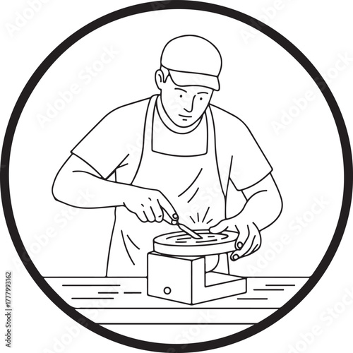 A professional craftsman or worker wearing an apron and cap, sharpening a knife blade on a rotating grinding wheel machine, monochrome line art illustration icon in circular frame.