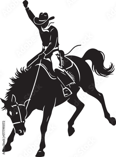 Cowboy riding a bucking bronco horse at a rodeo competition, silhouette vector illustration of western sports competition logo icon.