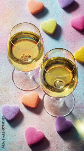 Colorful Heart Candies Surround Three Glasses of Different Beverages on a Pas...