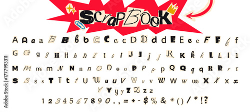 Collage font, cut out anonymous letters, ransom note style alphabet collection, numbers, punctuation marks. Grunge clipping funky elements for scrapbook. Vector illustration on transparent background