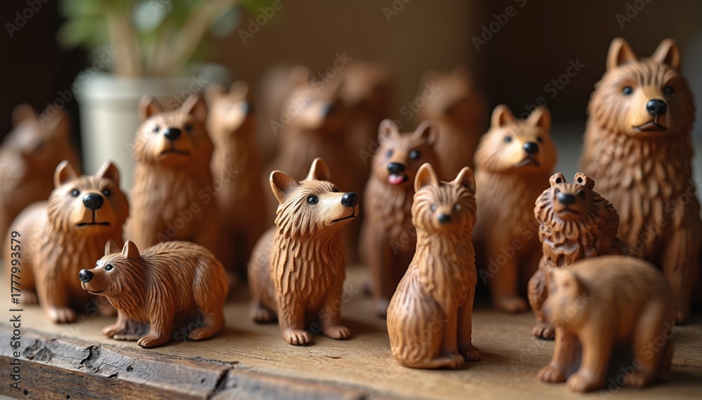 Naklejka premium Hand carved wooden figurines of bears and wolves stand on a wooden surface. Brown wood toys create a decorative display for home decor. Crafted animals art pieces.