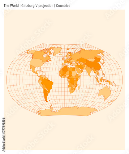 World Map. Ginzburg V projection. Countries style. High Detail World map for infographics, education, reports, presentations. Vector illustration.