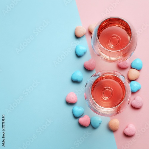 Refreshing Drinks With Colorful Heart Candies on Pastel Backgrounds for a Swe...