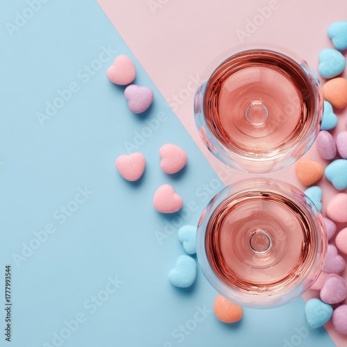Colorful Heart-Shaped Candies and Two Glasses of Drink on a Pastel Background...