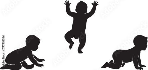 Silhouettes of a baby infant in three different stages of early development: sitting up, happy jumping, and beginning to crawl motion.