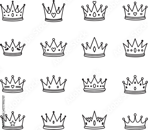 Seamless doodle vector pattern of various royal crowns and diadems hand drawn in sketch style, symbolizing kingdom power success luxury