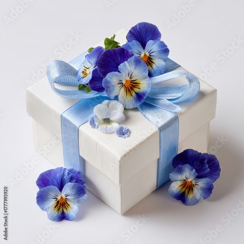 Gift Box Decorated With Blue Pansy Flowers and Ribbons for a Special Occasion