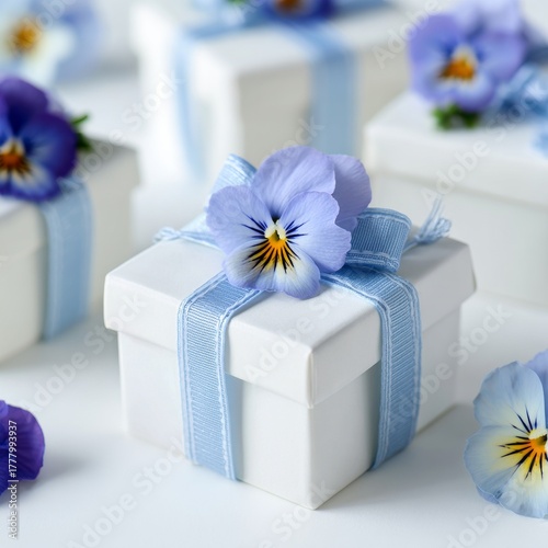 Gift Box Decorated With Blue Pansy Flowers and Ribbons for a Special Occasion