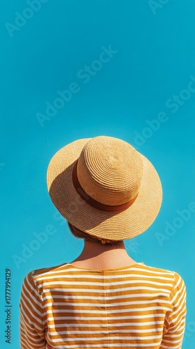 Bright Sunny Day With a Woman in a Straw Hat Enjoying the Outdoors by the Sea