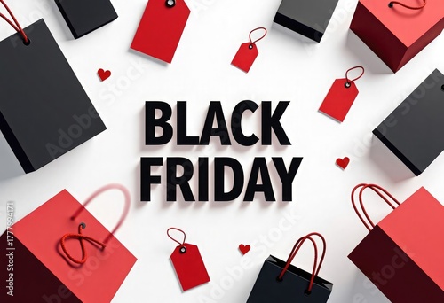 Vector illustration of shopping bags, boxes, and sale tags arranged around bold Black Friday text, top view on white background, modern red and black color palette, for ads, banners, marketing design