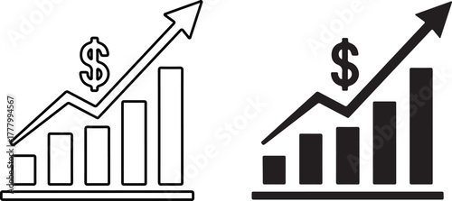 Financial growth icon set showing market success with dollar sign, bar chart, and rising arrow chart for economic progress vector design