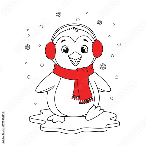 Cute cartoon penguin wearing a red scarf and earmuffs on an ice floe