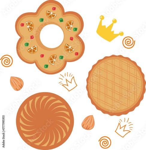 Vector illustration of traditional Galette des Rois cakes with crown, almond, and festive sweets. Perfect for Epiphany celebration, bakery design, packaging, and holiday decoration projects.