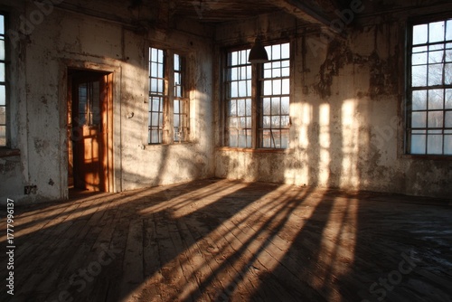Sunlight Streams Through Gridded Windows in a Distressed Empty Room With Wooden Floors and Walls with Peeling Paint