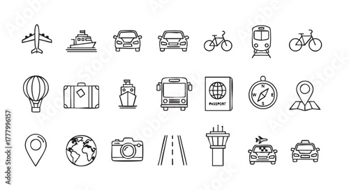 Travel themed line art icons representing different transportation methods