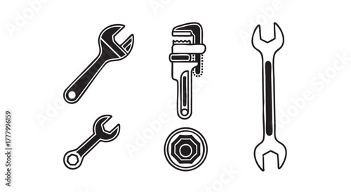 Two black and white wrench tool icons on white background illustration