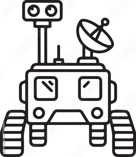 Black line icon drawing of robotic mars exploration rover with satellite dish and sensor mast on a white background vector.