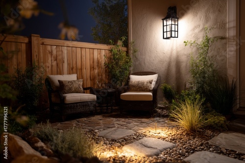 Cozy backyard patio with wicker furniture, stone pavers, outdoor lighting, ambient glow at dusk, a peaceful inviting space.