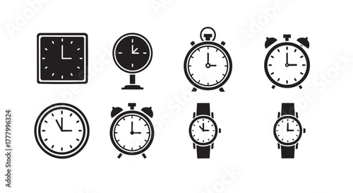 Various black and white clock icons representing different time display styles