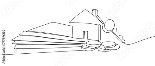 Financial business concept: house, keys and money, one continuous line single line art drawing vector illustration Editable stroke.