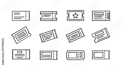 Various ticket illustrations in black and white outline style design