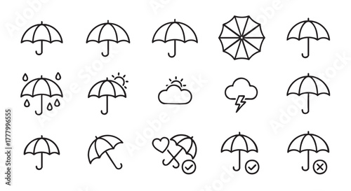 Weather Icon Pattern Featuring Umbrellas Sunshine and Raindrops Illustration