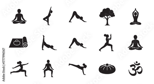 Yoga Poses and Mat Pictogram Set in Black Silhouette Style
