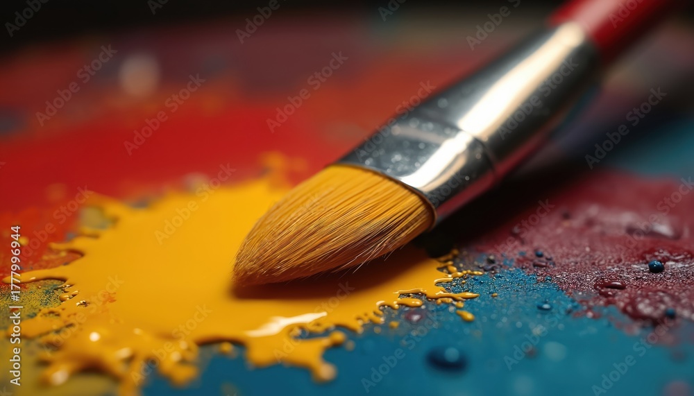 Fototapeta premium Art brush on colorful palette with yellow paint. Close up photo of artist tool, creativity, inspiration, design. Studio artwork, workshop, art class. Concept about art and occupation.