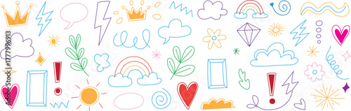 Line icon adorable element set.  Decorative arrow, cloud, crown, sparkle, and flower in doodle line color.  For children, a hand-drawn heart, a sketchy figure, a humorous outline, and a cartoon ribbon