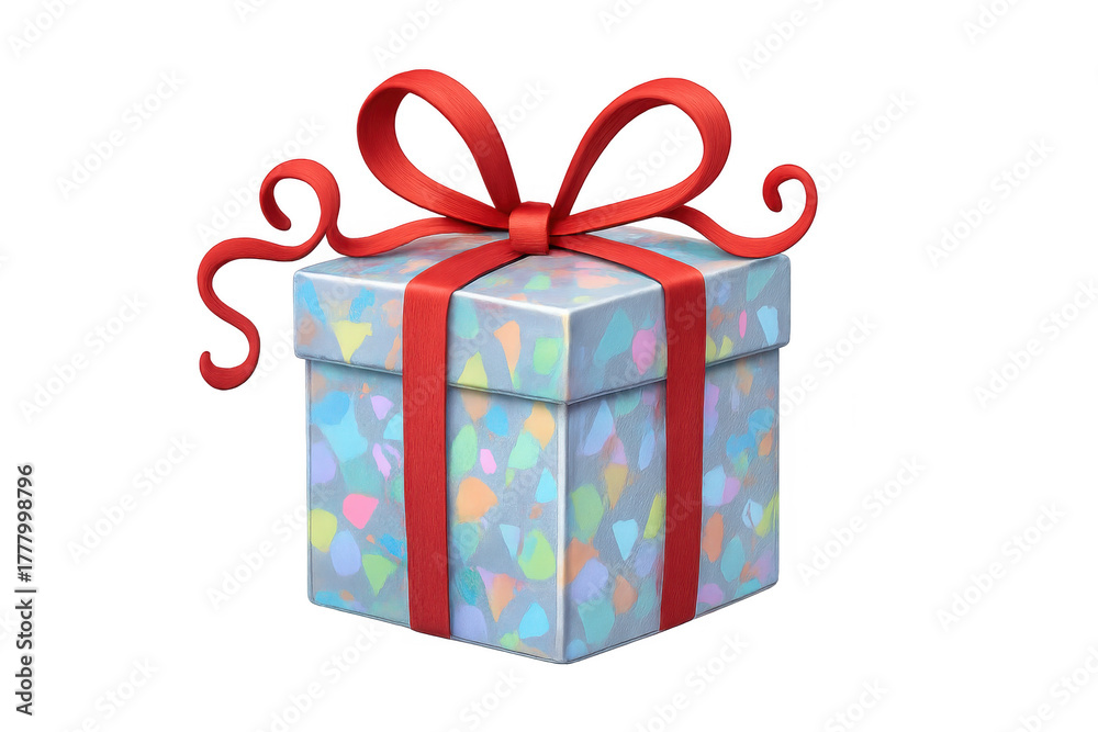 Fototapeta premium Gift box with shiny colorful confetti textures and red ribbon bow, celebrating holidays and special occasions
